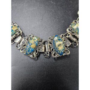 Vintage‎ Silver Filigree Bracelet Lucite Blue And Gold Accents